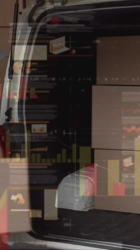 Animation of statistics and financial data processing over delivery man and van Stock Footage 344693063