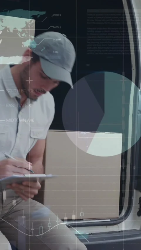 Animation of statistics and financial data processing over delivery man and van Stock Footage 344693067