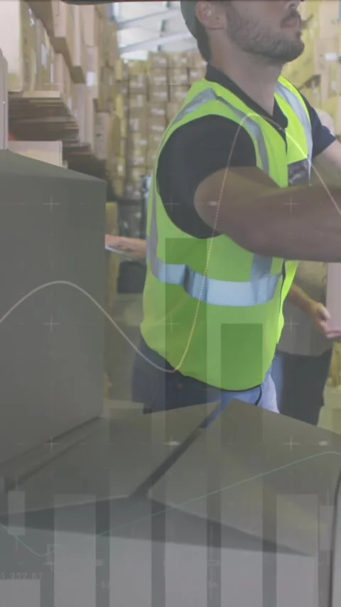 Animation of statistics and financial data processing over delivery man Stock Footage 344706124