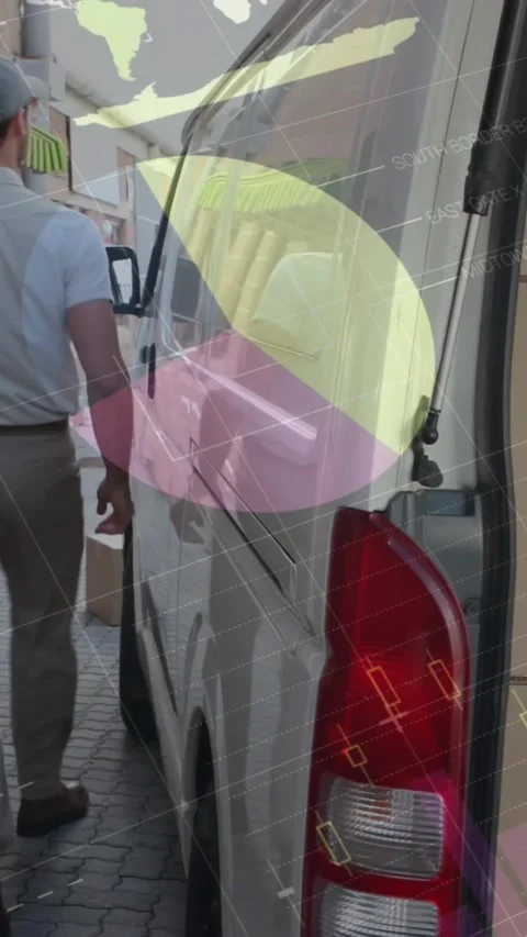 Animation of statistics and financial data processing over delivery man and van Stock Footage 344706144