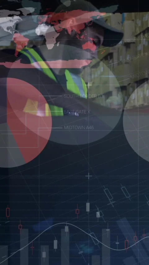 Animation of statistics and financial data processing over delivery man and van Stock Footage 344706146
