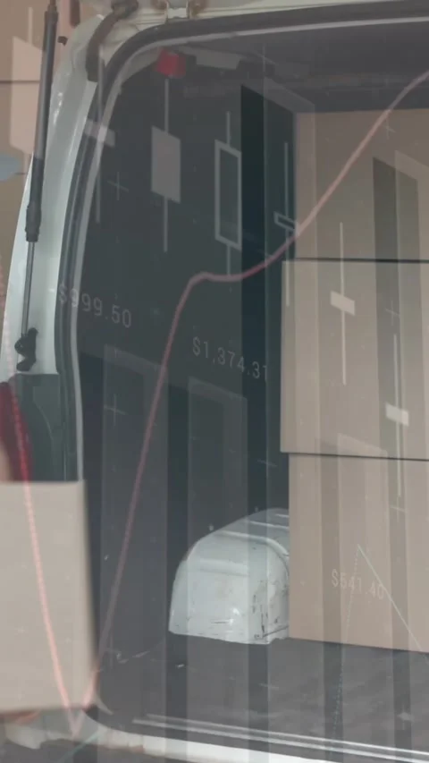 Animation of statistics and financial data processing over delivery man and van Stock Footage 344706148