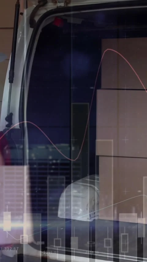 Animation of statistics and financial data processing over delivery man and van Stock Footage 344745497