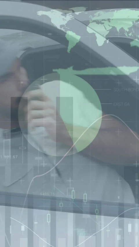 Animation of statistics and financial data processing over delivery man and van Stock Footage 344765657