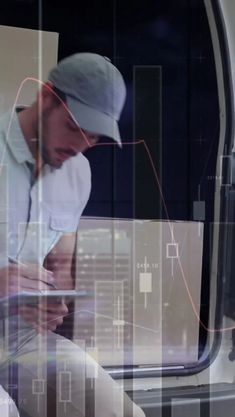 Animation of statistics and financial data processing over delivery man and van Stock Footage 344774444