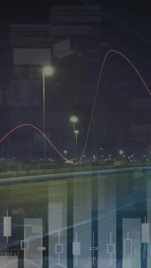 Animation of statistics and financial data processing over cityscape Stock Footage 344774627