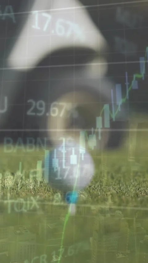 Animation of statistics and financial data processing over golf course Stock Footage 344774634