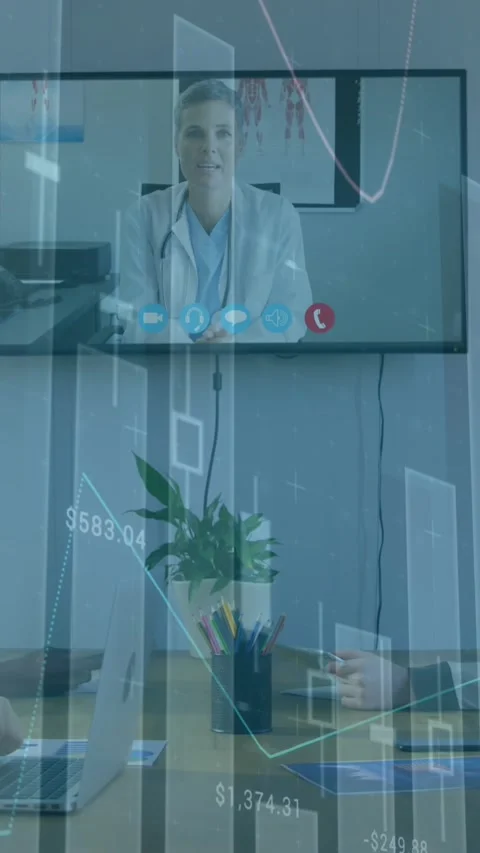 Animation of statistics and financial data processing over business people in Stock Footage 344783139
