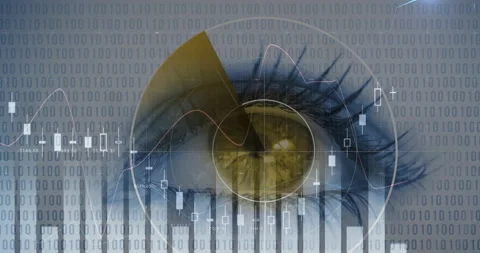 Animation of statistics and scope scanning with binary coding over woman's eye Video stock 152175554