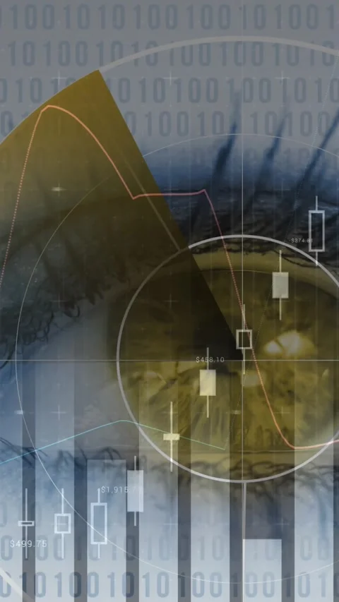 Animation of statistics and scope scanning with binary coding over woman's eye Video stock 319262210