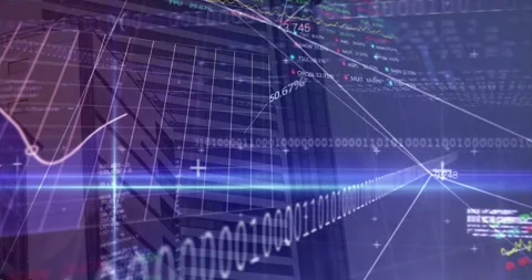 Animation of statistics, binary coding and financial data processing over grid Stock Footage 161465589