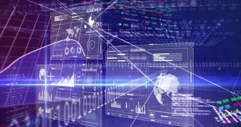 Animation of statistics, binary coding and financial data processing over grid Stock Footage 257871630