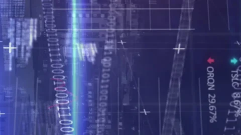 Animation of statistics, binary coding and financial data processing over grid Stock Footage 312488472