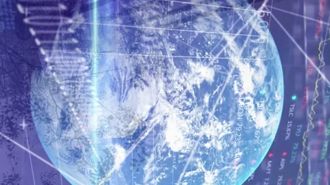 Animation of statistics, binary coding and financial data processing over globe Stock Footage 313001842