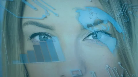 Animation of statistics, globe and computer processor data processing over Stock Footage 152175434