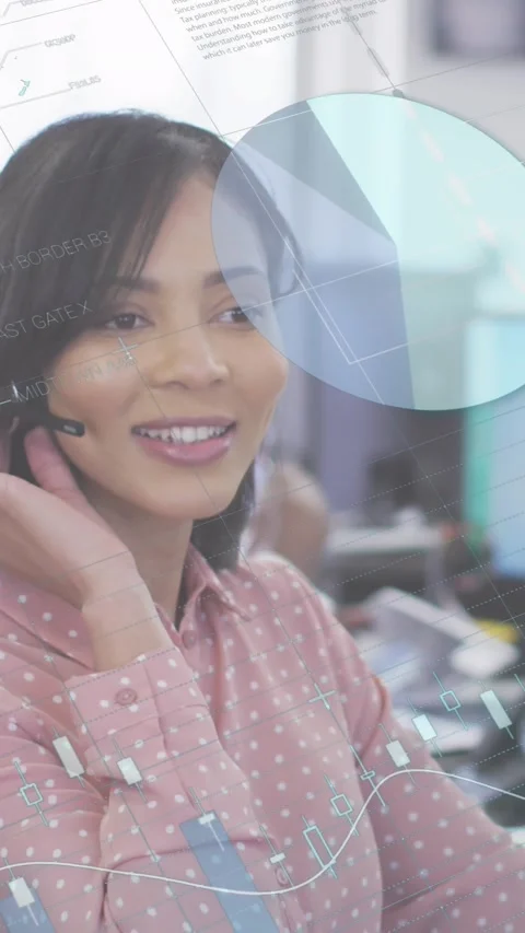 Animation of statistics over woman using phone headset working in an office Stock Footage 341953596