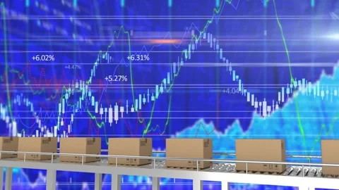 Animation of statistics processing over cardboard boxes on conveyor belts Stock Footage 329291196