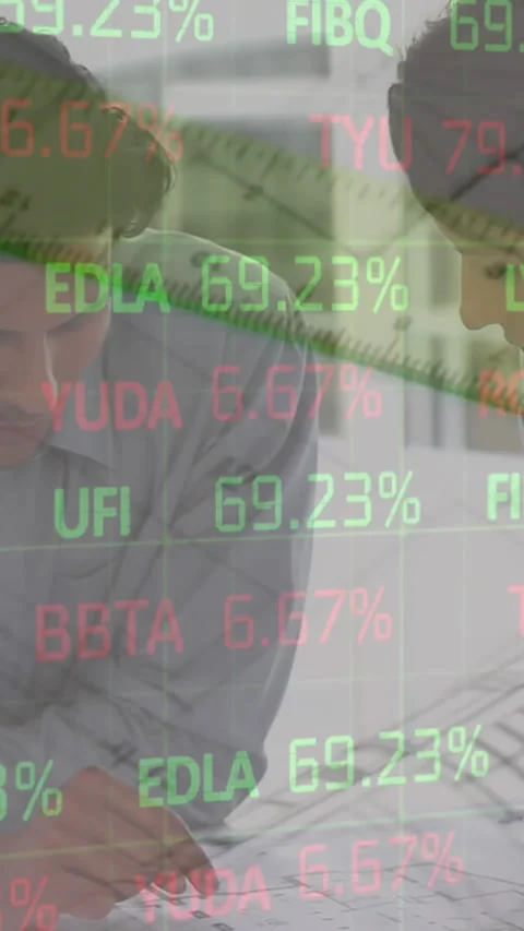 Animation of statistics processing over female and male architect holding plans Stock Footage 344012063