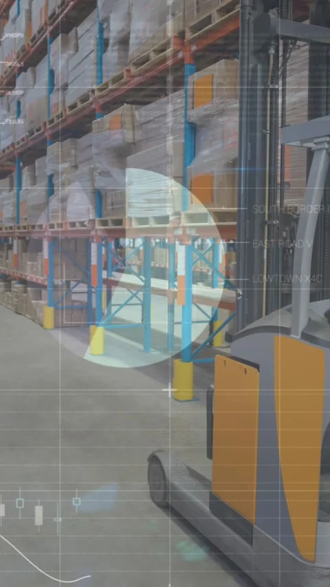 Animation of statistics processing over forklift in warehouse Stock Footage 344693260