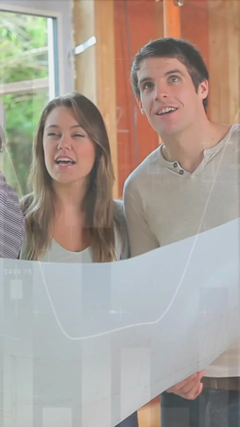 Animation of statistics processing over male engineer and couple holding plans Vídeo Stock 343920492