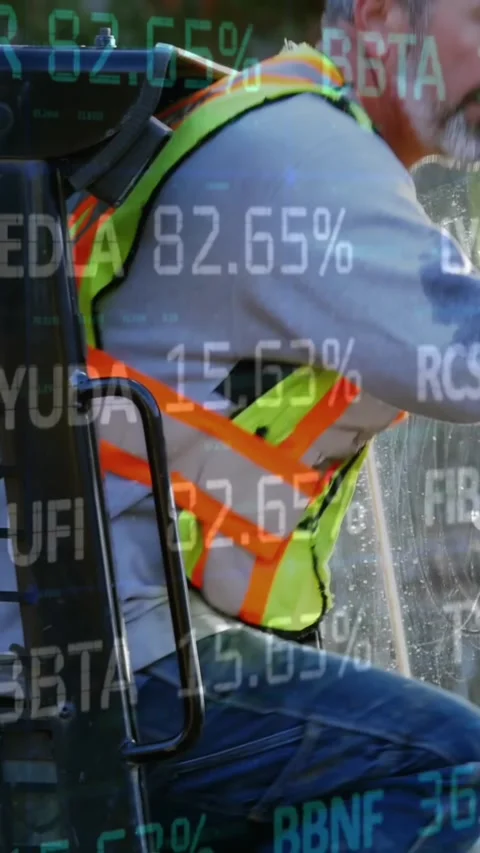 Animation of statistics processing over male worker getting into vehicle at Stock Footage 343955764