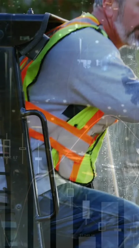 Animation of statistics processing over male worker getting into vehicle at Stock Footage 343996608
