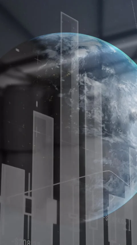 Animation of statistics recording, globe spinning over warehouse Stock Footage 342136262