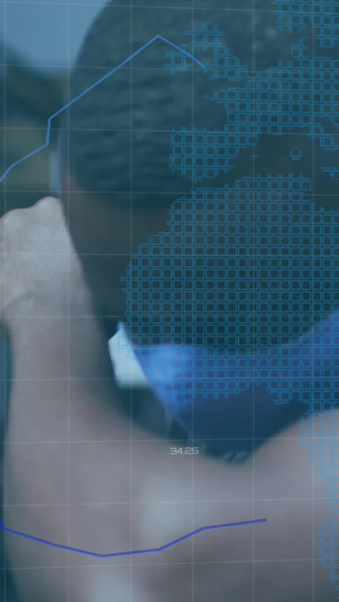 Animation of statistics recording over man in face mask sneezing in gym Stock Footage 331717876