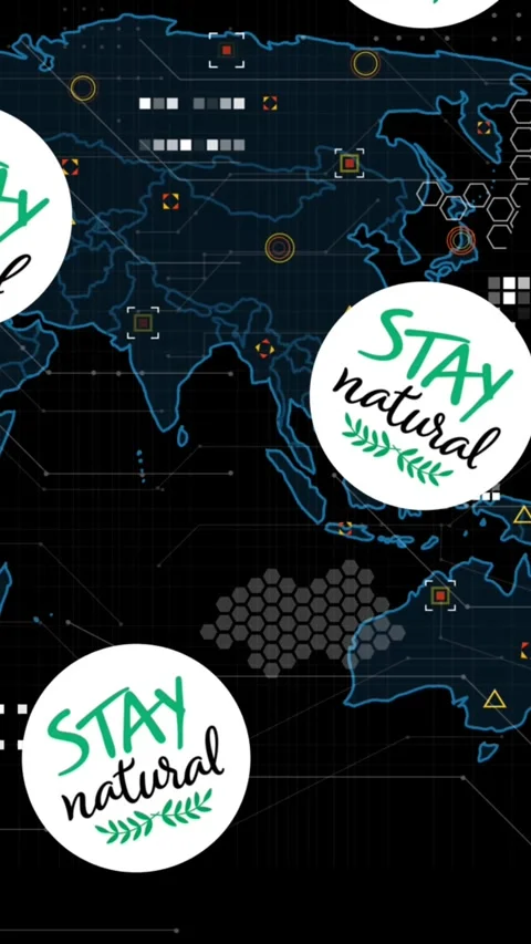Animation of stay natural in circles falling over world map with icons Stock Footage 344693046