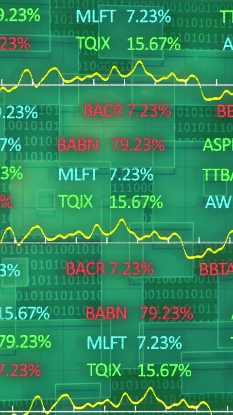 Animation of stock market and binary coding over green background Stock Footage 324558394