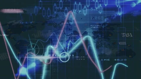 Animation of stock market data processing over world map against blue background Stock-Footage 209225730