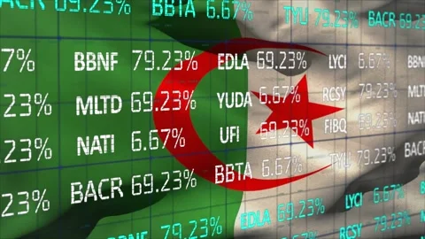 Animation of stock market data processing against waving algeria flag Vidéo 232548478