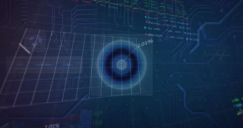 Animation of stock market data processing over round scanner and microprocessor Vídeo Stock 233648600