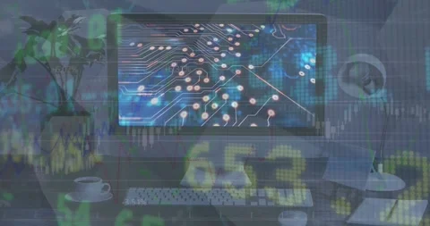 Animation of stock market data processing over microprocessor connections on Stockbeeldmateriaal 243718654