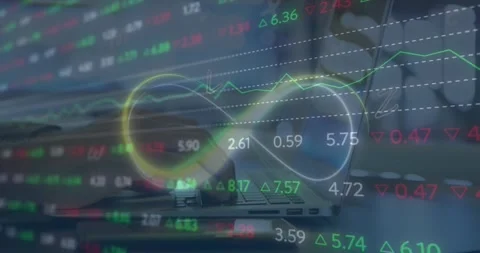 Animation of stock market data processing and infinity symbol over mid section Stockbeeldmateriaal 245546516