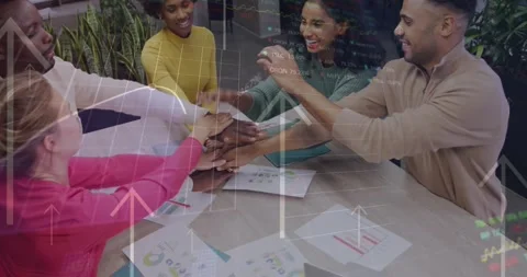 Animation of stock market data processing over diverse colleagues stacking their Stock Footage 248280914