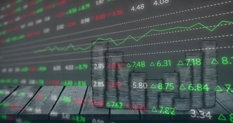 Animation of stock market data processing against stack of coins on wooden plank Stock Footage 255099392