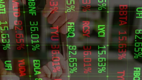 Animation of stock market data processing over woman making a payment through Stock Footage 312287902
