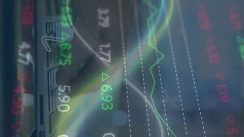 Animation of stock market data processing and infinity symbol over mid section Stockbeeldmateriaal 312366107