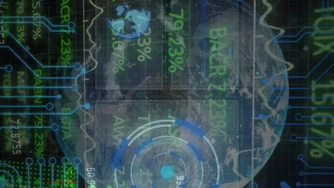 Animation of stock market data processing over globe against microprocessor Stockbeeldmateriaal 312804779