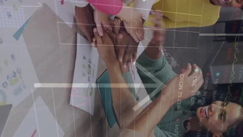 Animation of stock market data processing over diverse colleagues stacking their Stock Footage 312966234