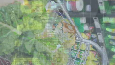 Animation of stock market data processing over mid section of woman with Stock Footage 314617665