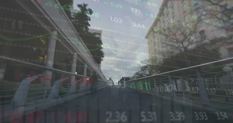 Animation of stock market data processing against time-lapse of people walking Stock Footage 315638081