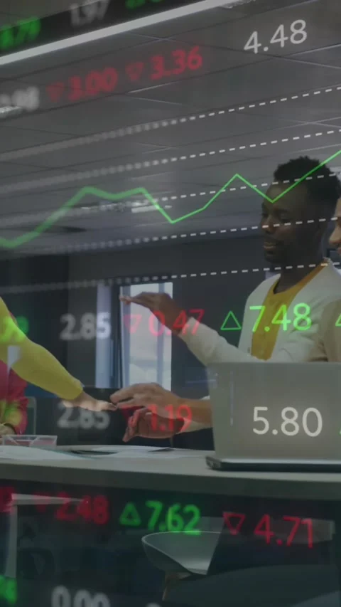 Animation of stock market data processing over diverse colleagues stacking their Stock Footage 319822423