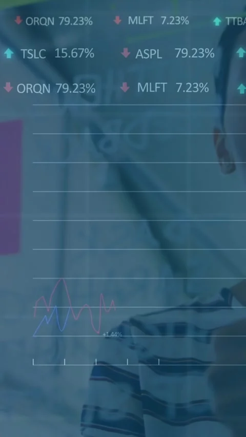 Animation of stock market data processing over woman reading over memo notes at Stockbeeldmateriaal 319975075