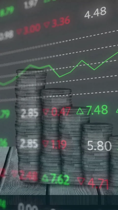 Animation of stock market data processing against stack of coins on wooden plank Stock Footage 320854578