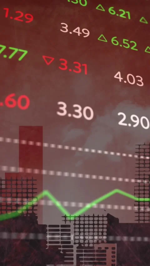 Animation of stock market data processing against 3d cityscape model Stock Footage 320922099