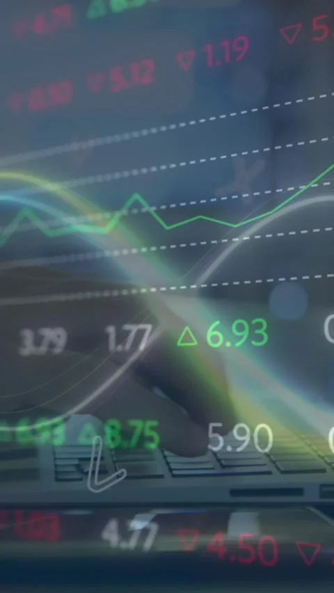 Animation of stock market data processing and infinity symbol over mid section Stockbeeldmateriaal 321172468