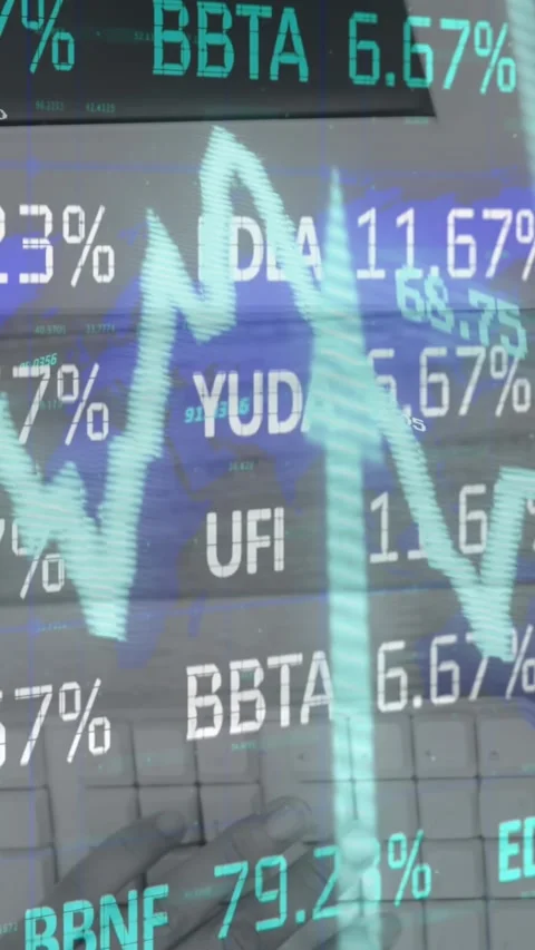 Animation of stock market data processing over keyboard and coffee cup on wooden Stock Footage 321788282