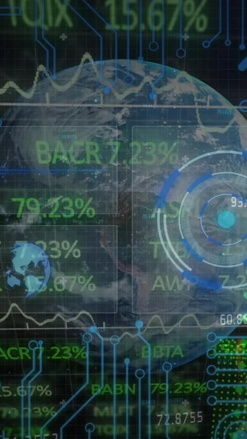 Animation of stock market data processing over globe against microprocessor Vídeo Stock 321853151